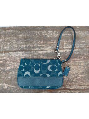 Teal Silver Logo Coach Wristlet Signature Jacquard Small Wristlet Y2K Logomania
